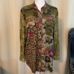 Pilcro Green and Tan Tunic Blouse with Patchwork Design from Anthropologie